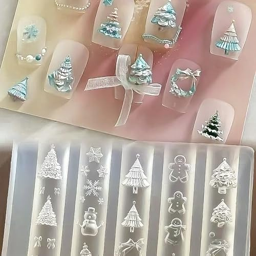Christmas 3D Nail Mold Silicone Nail Tools, Cute Nail Charm Molds Design Carving Template Resin Nail Art Mold Manicure Snowman Xmas Tree Snowflake Winter Nail Accessories for Women DIY Nail Supplies