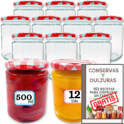 MundoTarros 12 Tarros de Cristal de 500ml con Tapa de Rosca Hermética - Frascos de Vidrio Multiusos para Conservas, Legumbres y Almacenamiento - Aptos para Microondas y Lavavajillas - botes de Medio