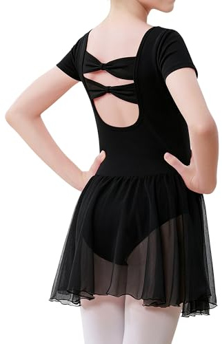 ANTLOOWW Ragazza Vestito da Balletto,Body da Balletto a Maniche Corte per Bambine, Body da Balletto in Cotone e Abito da Danza per Bambine con Gonna in Chiffon (IT, Numero, 140, Regular, Nero)