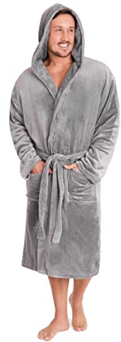 CityComfort Mens Dressing Gown Super Soft Mens Fleece Robe with Hood Gowns Bathrobe Warm and Cozy (M, Light Grey)