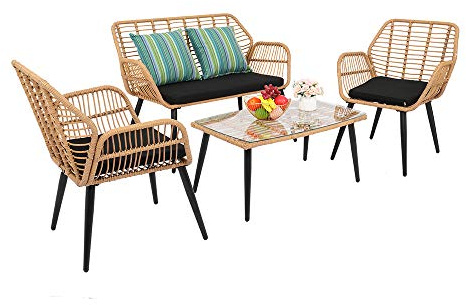 Alightup Salon de Jardin Exterieur en Resine Tressée 4 Meubles Résine Ensemble Table et Chaises Coussins d´Assise Amovibles 3 Canapé 1 Table en Verre Trempé Gain de Place Osier Tressé à la Main