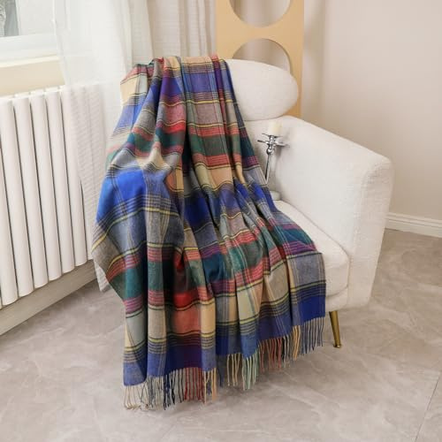 Temminc Woolly Throw Pure Wool Blanket - Large 55x83 inches, 1.5 lbs,Wool Fringed Knee Throw Blanket for Couch Bed Outdoor Travel,Soft Lightweight Breathable Blanket for All Season,Blue-red Lattice