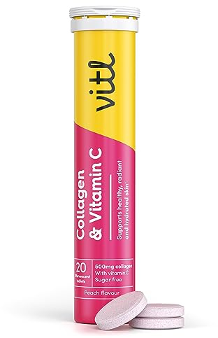 Vitl Collagen & Vitamin C Effervescent Tablets | Nutritional Support for Skin, Hair, Nails & Joints | Collagen Supplements for Women | Peach Flavour (20 Tablets)