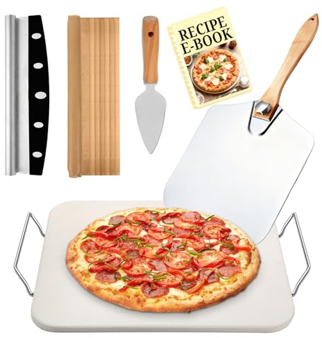 Pizza Stones Set - 15 x 12 Inch Large Pizza Stone for Oven and Grill Durable and Safe Baking Stone Thermal Shock Resistant Cooking Stone with Stainless Steel Pizza Peel Paddle & Cutter