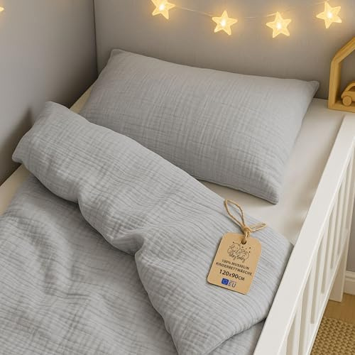Totsy Baby Muselina Funda nordica Infantil 90x120cm para Cuna 70 - algodón Saco nordico y Cubre de edredon Cama para niños y niñas Juego Fundas para edredón Gris con Almohada 60 x 40 cm Oeko-Tex