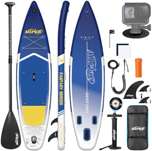 ALLPICK Premium SUP-brädeset, stående upp paddlingbräda, uppblåsbar, med universell kamerahållare, kompletta tillbehör, justerbar paddel, nybörjare och avancerad, 180 kg (kall-mörkblå)