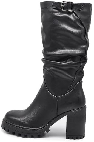 IF FASHION Stivali Arricciati Al Polpaccio da Donna In Pelle Sintetica Con Tacco Grosso Plateau Fibbia G693 nero N.38