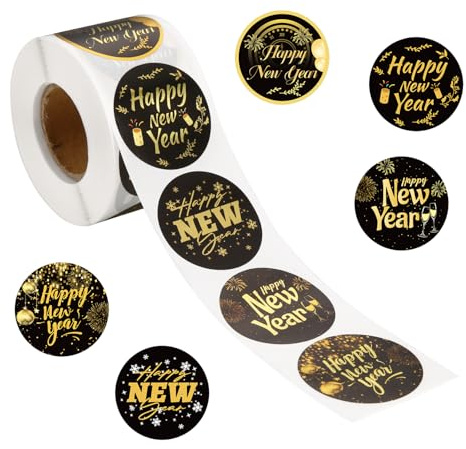 500pz Adesivi Buon Anno, 3,8cm Rotolo di Adesivi Rotondi di Capodanno Etichette di Buon Anno per Biglietti di Auguri Scatole Regalo Bomboniere(Nero e Oro)