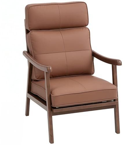 HOMCOM Butaca de Salón Sillón de Salón Tapizado en PU con Marco de Madera Cojines Acolchados Gruesos Respaldo Alto Carga 150 kg Sillón Lectura para Sala de Estar Dormitorio Marrón y Madera Nogal