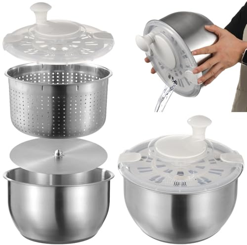 Juego de centrifugador de ensalada extra grande de acero inoxidable, colador de verduras y colador de frutas con tapa de bloqueo automático para un uso fácil