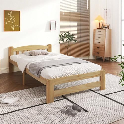 Sairedel Cama futón de madera maciza, individual, natural de madera maciza con cabecero y somier, para jóvenes y adultos, natural, 90 x 200 cm