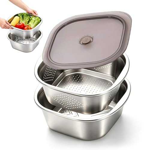 QUTHZZHY Küchensieb Edelstahl, Nudelsieb Edelstahl 28cm, Reiswaschschüssel mit Schüssel und Deckel, Stapelbares Edelstahls Schüsselset für Nudeln abgießen,Gemüse,Obst und Reis Waschen