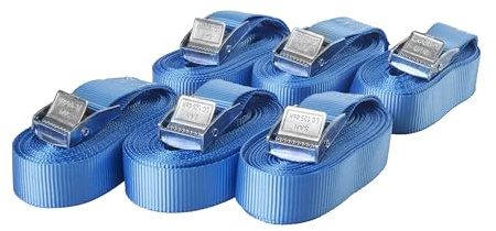 Lot de 6 Sangles d'arrimage avec Boucle, Ceinture à Blocage par Serrage, Sangles de Fixation Charge Max. 250 kg, Selon DIN en 12195-2, Longueur 5m Largeur 25mm, en Une pièce, Bleue