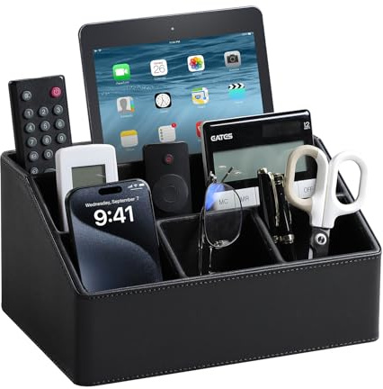 MEIBOOCH PU Leather Desk Organizer, Luxury Remote Control Holder for Home, Office Desk Accessories Table Caddy Bedside Nightstand Organizer (Black)