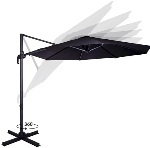 VONROC Parasol Déporté Rond Noir 3 m – Inclinable 360° – Voile Protection UV 50+ – Ombrelle de Jardin Extérieur avec Mât Latéral