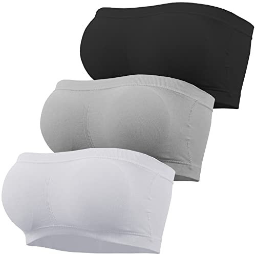 GXIN 3 Piece Women Bandeau Bra Padded Non-Slip Strapless Bras Seamless Ladies Wireless Bralette Bandeau Tube Tops (UK, Alpha, M, Regular, Regular, Standard, Black, White, Grey)