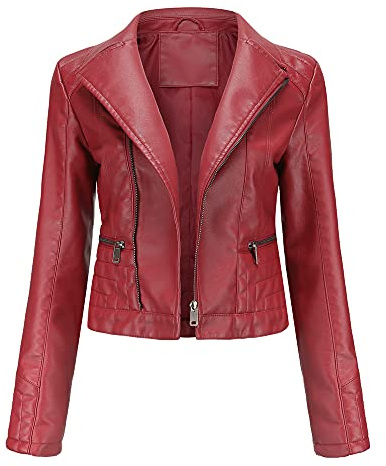 Gitvienar Veste en cuir synthétique pour femme, veste courte pour les loisirs avec col rabattable, veste demi-saison en cuir PU, mince classique à manches longues