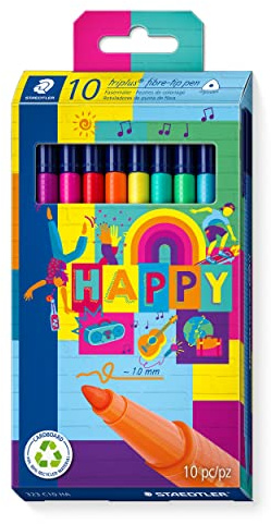 STAEDTLER Fiberpennor triplus happy, ergonomisk triangelskaft, linjebredd 1,0 mm, lång livslängd, 10 fibre-spetsar i sorterade glada färger i kartongfodral, 323 C10 HA