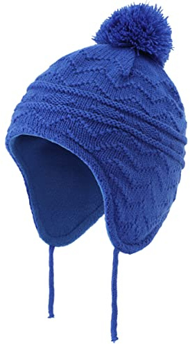 Connectyle Toddler Boy Knit Winter Hat with Ear Flaps Knit Kids Hat with Pompom Fleece Lined Beanie Cap M Royal Blue