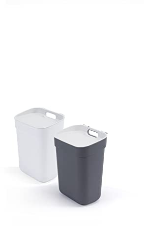 CURVER Lot de 2 poubelles de recyclage Ready to Collect 2 x 10 l, avec support mural ou porte, idéal pour cuisine ou salle de bain, 100% recyclé, couvercle et anneau pour sac, gris et blanc