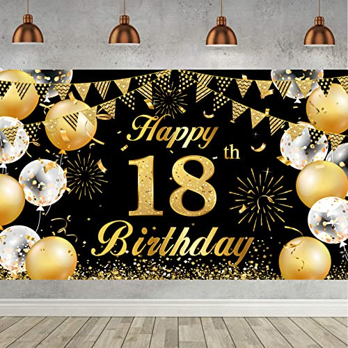 18. Geburtstag Banner in Schwarz Gold - Party Deko Hintergrund Banner für Männer und Frauen