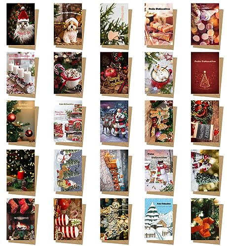 ZPPLD Weihnachtskarten mit Umschlag Set,25 Stück Weihnachtsgrußkarten,Weihnachten Postkarten,Christmas Cards,Vintage Weihnachtskarte,Frohe Weihnachten Card,Weihnachtskarten Set