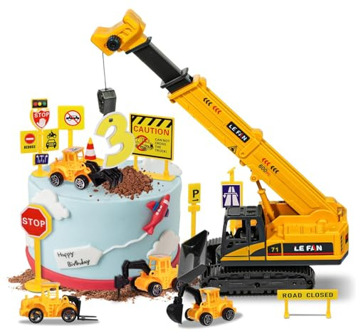 RAYNAG 16 Pieces Construction Cake Topper Vehicles Cake Decoration Set Construction Birthday Party Supplies Large Crane Excavator Traffic Road Sign Cake Topper for Birthday Party Supplies Favours