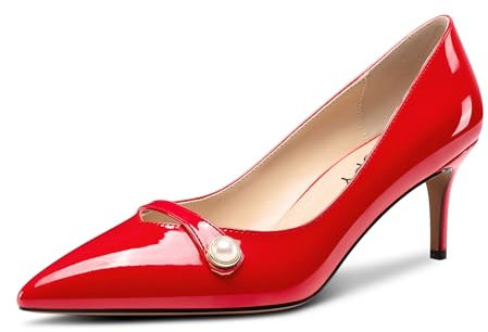 MAGIOPY Womens Close Pointed Toe Pearls Mid Heel Slip-on Casual Dress Office Pumps Court Shoe Patent Leather Glitter Shoes 6 CM Heels Red 9.5 UK