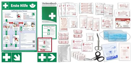 Komplett-Set Erste-Hilfe nach aktueller DIN/EN 13 157 für Betriebe inkl. Aushang + Verbandbuch + Folienaufkleber-Set