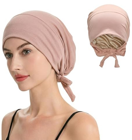 ZLYC Satinfodrad hijab keps för kvinnor knyt tillbaka hijab underkeps inre undersjal hatt, Solid rosa, one size
