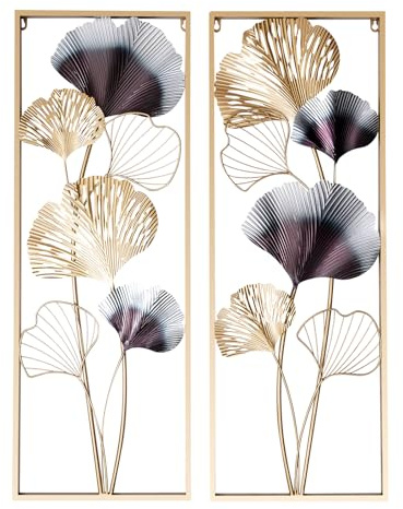 Wiyuer Decorazione da parete in metallo, foglie di ginkgo, scultura, decorazione da parete in metallo, 2 pezzi, 85 x 31 x 5 cm, oro 3D