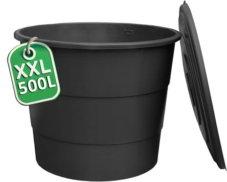 Ondis24 Barril de plástico XXL 500 l con tapa, depósito de agua para jardín, robusto y resistente a UV, indicador de nivel