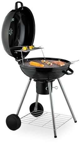 Relaxdays Barbacoa Carbón, 53cm Ø, 2 Rejillas Parrilla, Termómetro, Recogedor Cenizas, Parrillera con Ruedas, BBQ, Negro, Acero, Plástico