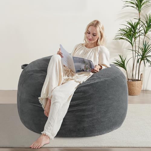 WSOFRLAC 3FT Bean Bag Chair, Comfy Bean Bag Chairs for Adults, Luxury Velvet Memory Foam Stuffed Beans Bags with Removable Cover, Adult Beanbag Chair with Filler for Living Room, Bedroom, Dark Grey