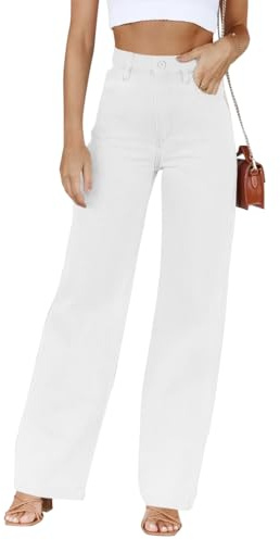 shownicer Jeans Donna Vita Alta Larghi Baggy Diritti Denim Pantaloni Wide Leg Fit Streetwear A Bianco XXL