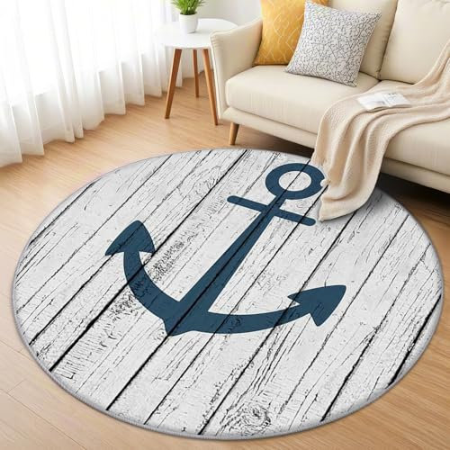 AevuCub Maritim Teppich Rund 60 cm Kurzflor - Waschbare Teppiche Wohnzimmer Anker Nautisch - Runder Teppich 60 cm Durchmesser Kinderzimmer - Bettvorleger Schlafzimmer rutschfest Weich