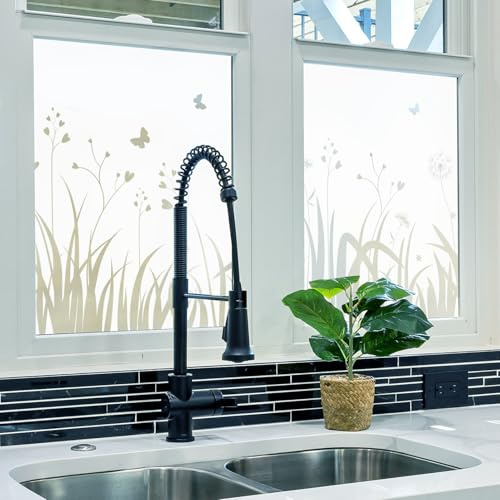 dktie Window Film Opaque Privacy Film, Reusable Window Frosted Glass Film, Hollowed Grass Dandelion Static Stickers without Adhesive, Suitable for Living Room, Kitchen, 90 x 200 cm