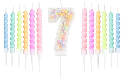 Set di candele bianche per il 7° compleanno, decorazioni per il 7° compleanno di ragazze e ragazzi, candela numero 7 per torta, 12 candele a spirale pastello arcobaleno per decorazioni per feste per