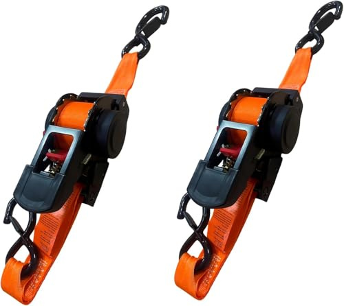 Auto-Retractable Ratchet Tie Down Straps 2 inch x 15 Feet, 3300 lbs Break Strength, 1100 lbs Safety Work Load, S Hook with Safety Lock, 2 Pack, Orange