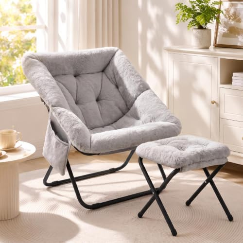 Clevich Sillón de Relax Plegable con Taburete Escandinavo de Relleno (Gris) | Sillón Tapizado Tela 72 x 76 x 78 cm, con bolsillo lateral y estructura de metal estable, tpara adolescentes y adultos