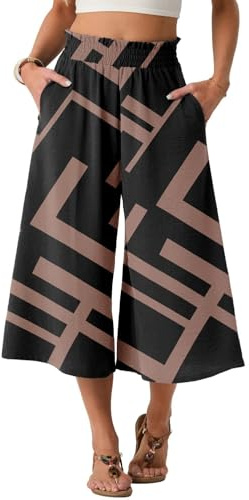 PrinStory Pantalon d'été léger pour femme - Taille haute - Culotte d'été décontractée - Pantalon palazzo à jambes larges - Avec poches