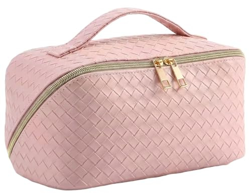 Flat Lay Makeup Bag, Large Capacity Cosmetic Organiser for Travel and Daily Use, Lay Flat Makeup Bag with Multiple Compartments, Portable Flat Lay Toiletry Bag (Pink)