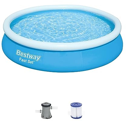 Bestway Fast Set 12 Foot x 30 Inch Round Inflatable Ring Above Ground Swimming Pool Set Easy Setup Backyard Outdoor Family Pool with Filter Pump