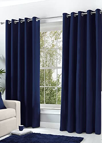 Hachette Thermal Blackout Curtains Eyelet Ring Top Including Pair of Tiebacks (Navy Blue, 66 X 90)