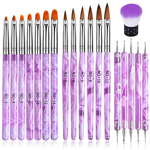 Juego de 19 cepillos de uñas acrílicos de gel UV, TOROKOM Nail Art Tips Builder Pincel de extensión de gel pincel de pintura de uñas, pincel para puntear, removedor de polvo para uñas en casa (morado)