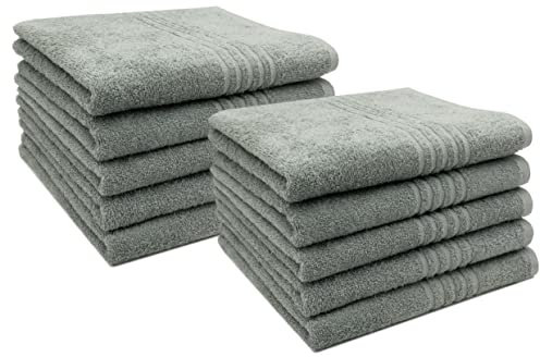 ZOLLNER 10er Set Handtücher in 50x100 cm - saugstarke Badetücher in grau - mit praktischem Aufhänger - mit eleganten Tiefgangstreifen - waschbar bis 60°C - Baumwolle - Hotelqualität