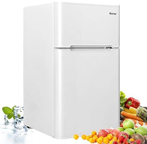 COSTWAY Frigorifero 90 L (27+63), Freezer Separato con 2 Ante e Luce LED, Refrigerazione Rapida, Silenzioso, Mini Frigo per Ufficio Casa Bar Hotel, 220-240 V/50 Hz (Bianco)