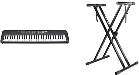 Yamaha PSR-F52 Clavier Arrangeur - Un clavier compact pour les débutants avec 61 notes,finition en noir & Support pour clavier pré-assemblé double embase RockJam Xfinity avec sangles de sécurité
