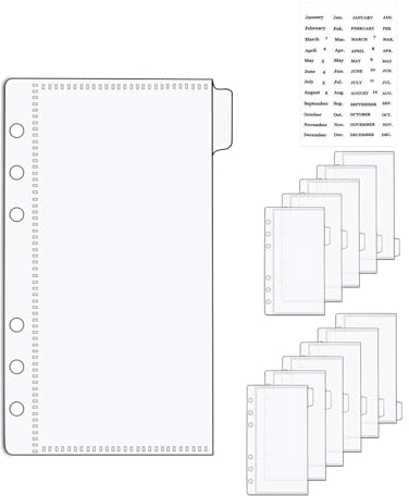 NatSumeBasics Lot de 12 intercalaires A6 avec poches et onglets, enveloppes transparentes pour espèces, pochette portefeuille et kit d'autocollants pour accessoires de budget à 6 anneaux (A6)