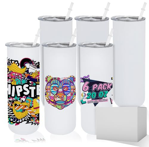 MR.R Lot de 6 gobelets de sublimation fins vierges de 591 ml avec paille, en acier inoxydable à double paroi isotherme pour machine à presser